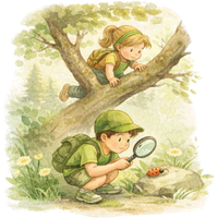 Ilustrace dětí objevujících přírodu