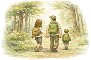 Ilustrace rodiny na cestě